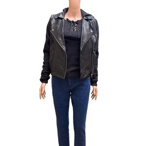 Jolt Black Vegan Leather Hooded Moto Jacket for Women Size Small NWT
